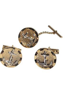 Vintage Nautical Anchor Cufflinks & Tie Tack Set Two-Tone Gold & Silver w box